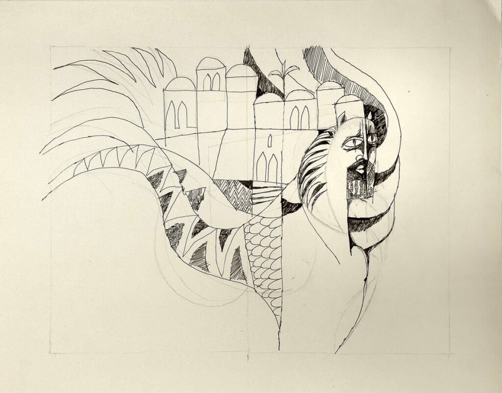 Untitled Sketch for ‘Ahmad al-Zaatar, circa 1976 · Pen and ink on paper