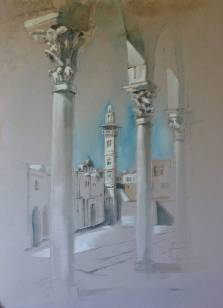 Untitled (View of Bab al-Ghawanima from al-Haram al-Sharif, Jerusalem), circa 1960s · Mixed media on paper. From the collection of John and Bonnie Marsh